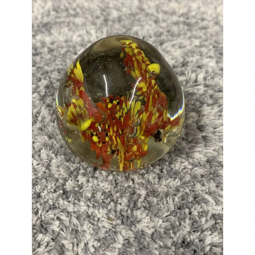 4 Hand Blown Art Glass Paperweight Bubble Sphere Yellow‎ Orange Blue Red